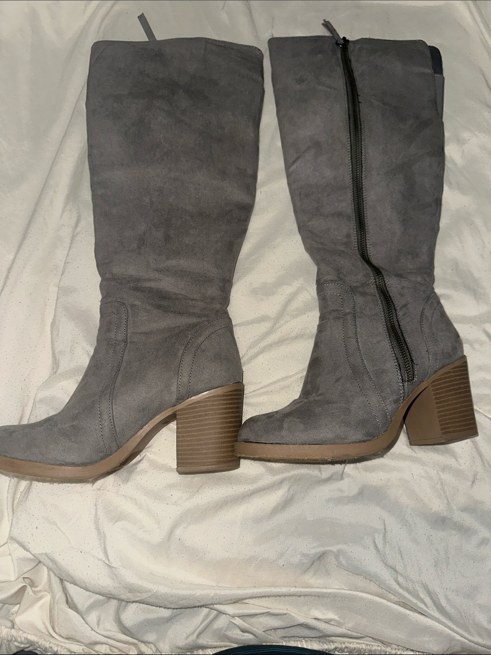 Gray Suede-Look Mid-Calf Block Heel Boots with Side Zip Closure